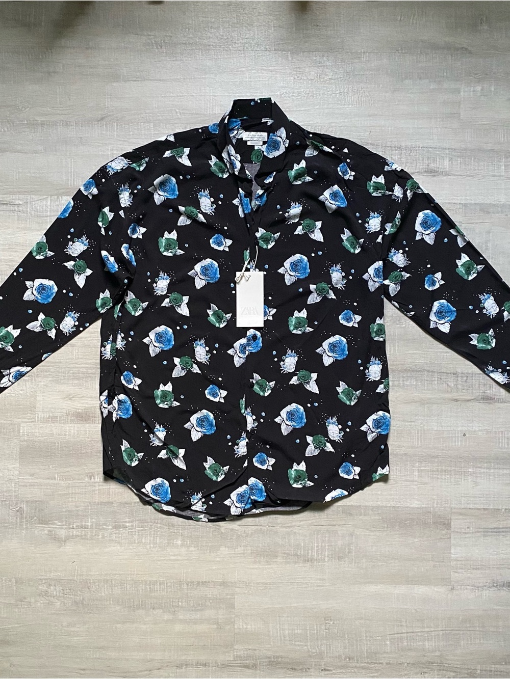 Zara Black Button-Down Shirt with Blue & Green Floral Print